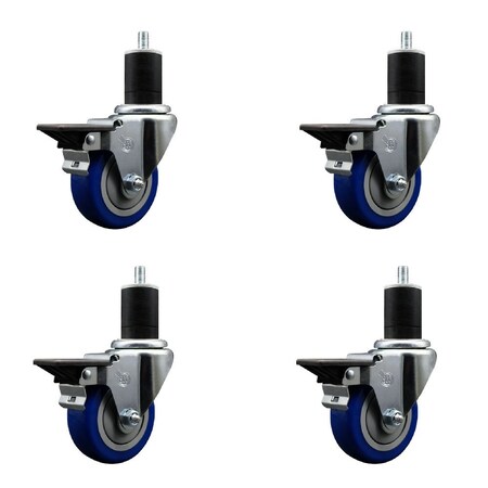 Service Caster 3.5'' Blue Poly Swivel 1-3/4'' Expanding Stem Caster Set with Brake, 4PK SCC-EX20S3514-PPUB-BLUE-PLB-134-4